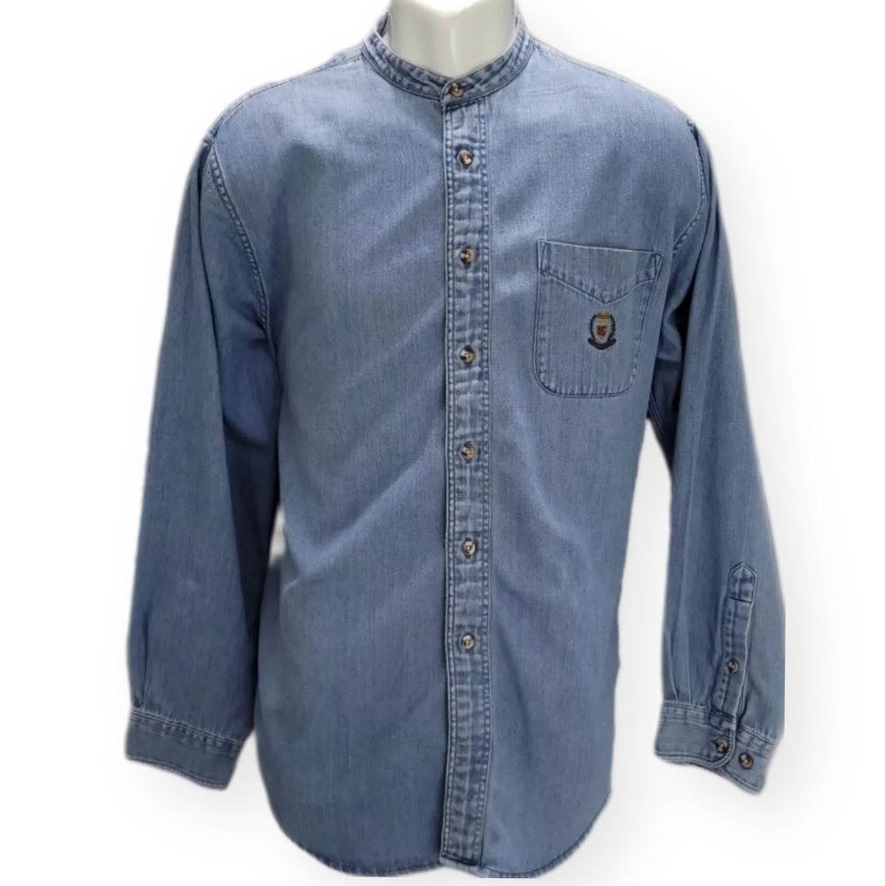 Hunt Club Mens L Denim Shirt Blue Herringbone Crest Band Collar Button Up Vtg